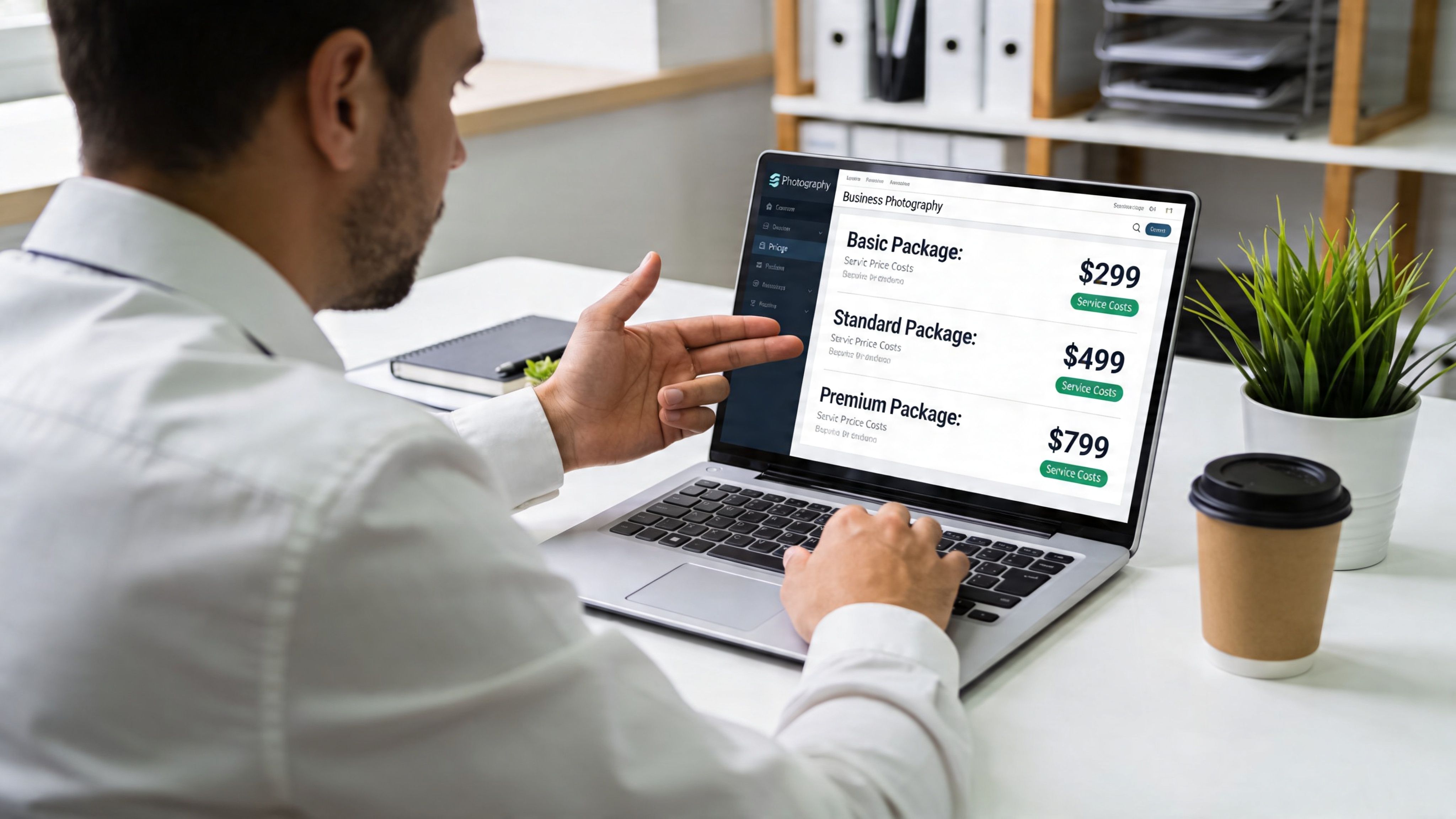 Ein Geschäftsmann sitzt am Schreibtisch und betrachtet auf seinem Laptop verschiedene Business-Fotografie-Pakete mit den entsprechenden Preisen.