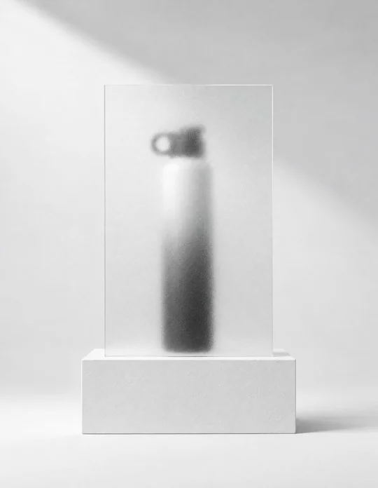 A Superbrand bottle half hidden behind frosted glass on a white plinth.