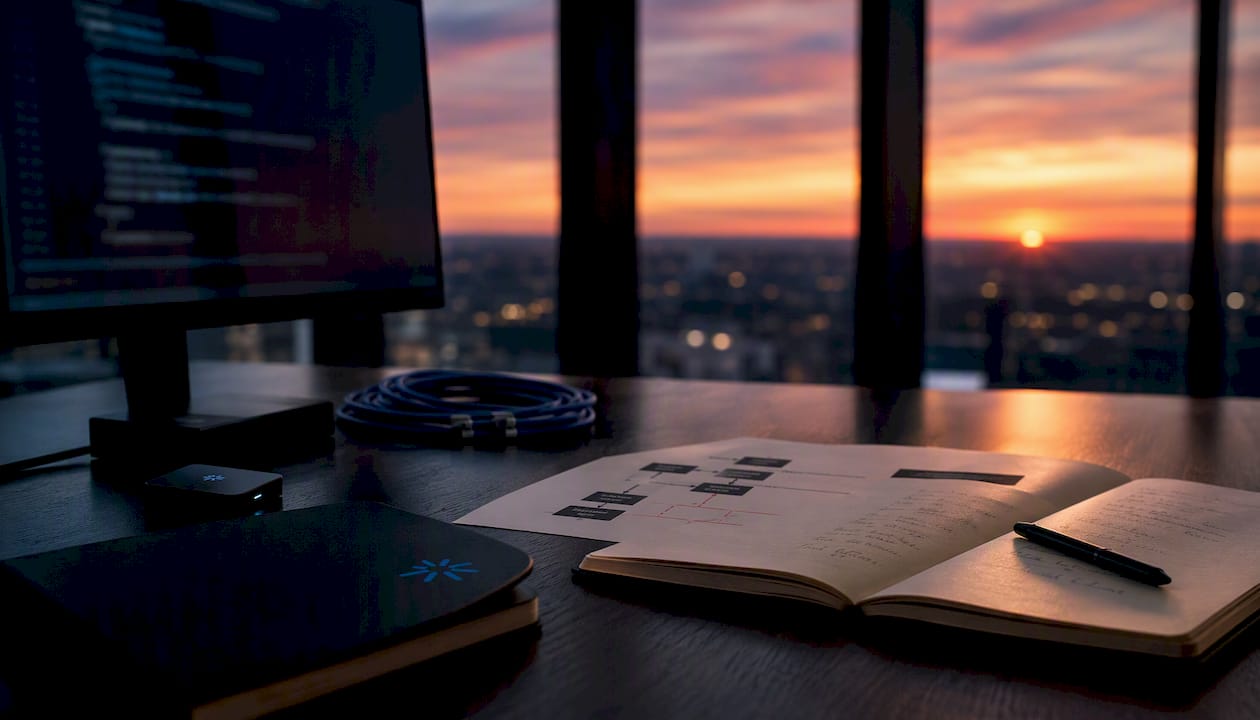 Overhead view of trading data ingestion workstation setup