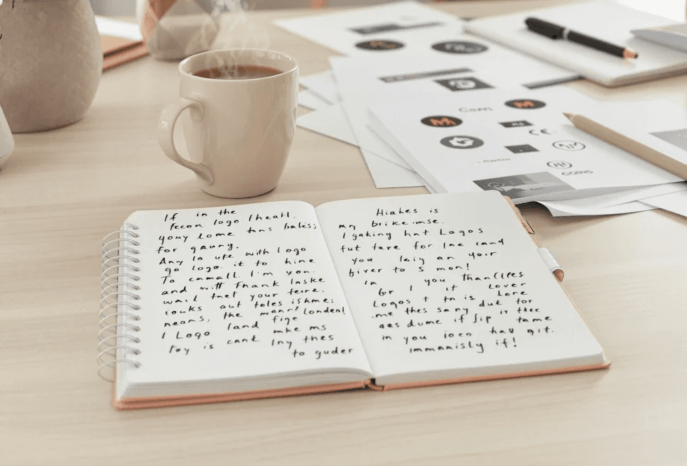 Creative desk with notebook, coffee, plants and logo moodboard