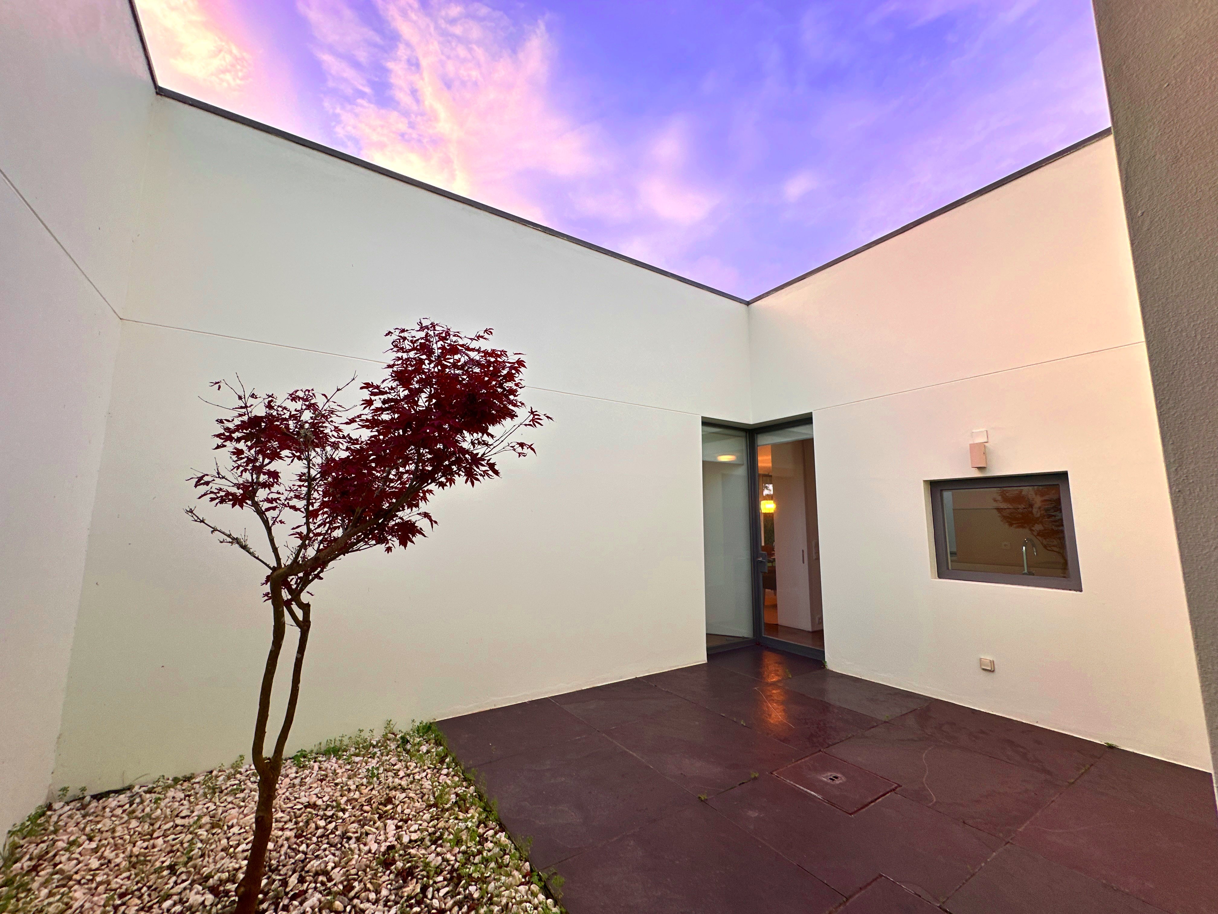 Modern house with elevated glass balcony and hillside view