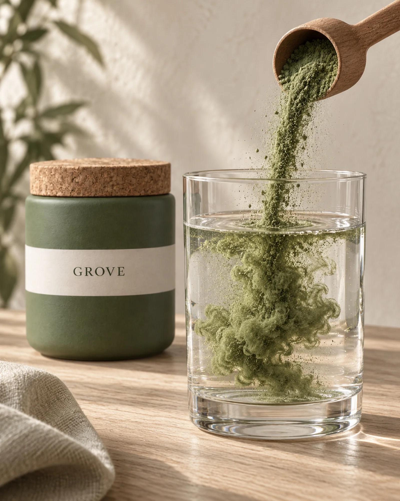 A wooden scoop pouring green powder into a glass of water, with the GROVE Greens jar behind