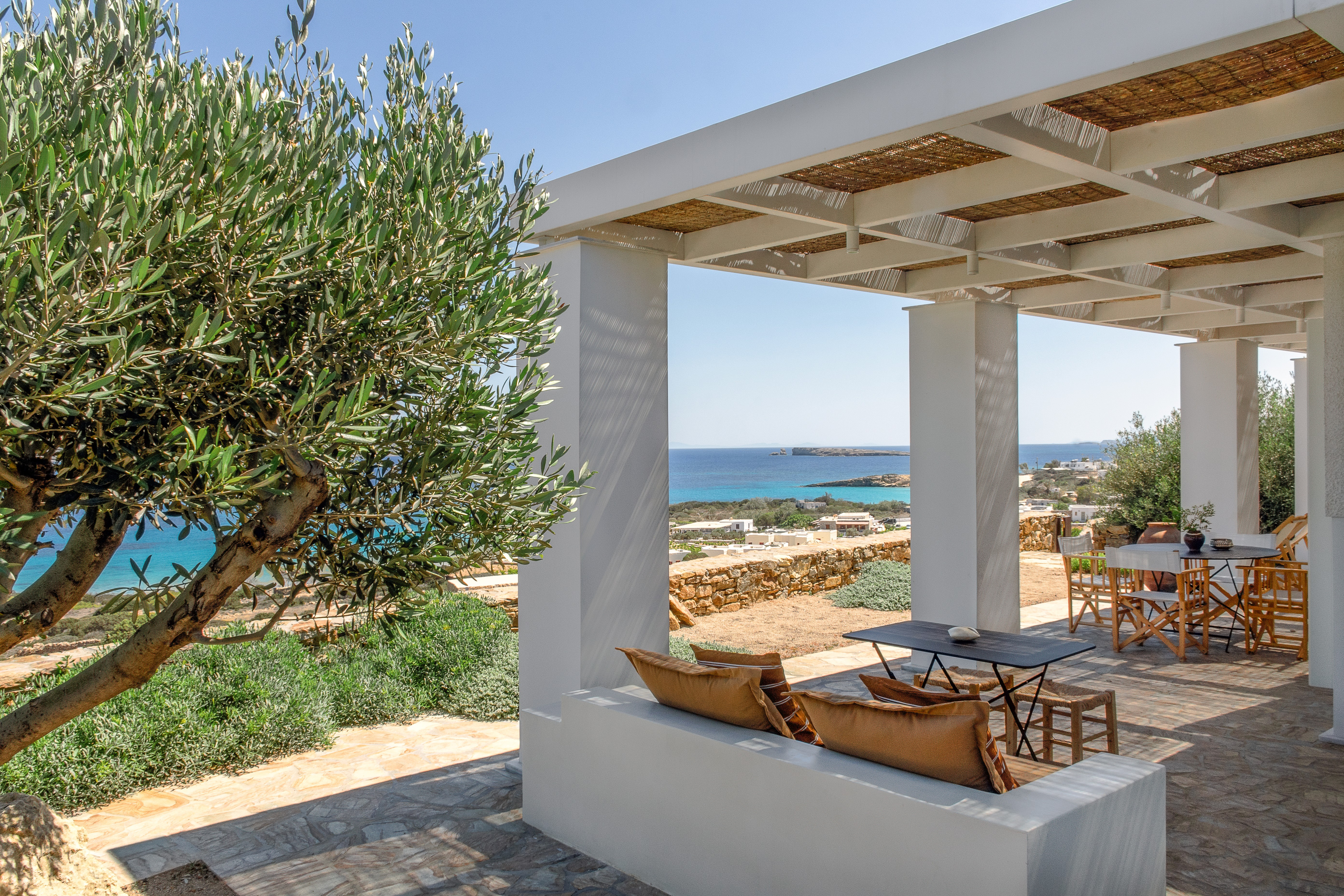 A terreace next to an olive tree overlooking the Cycladian sea