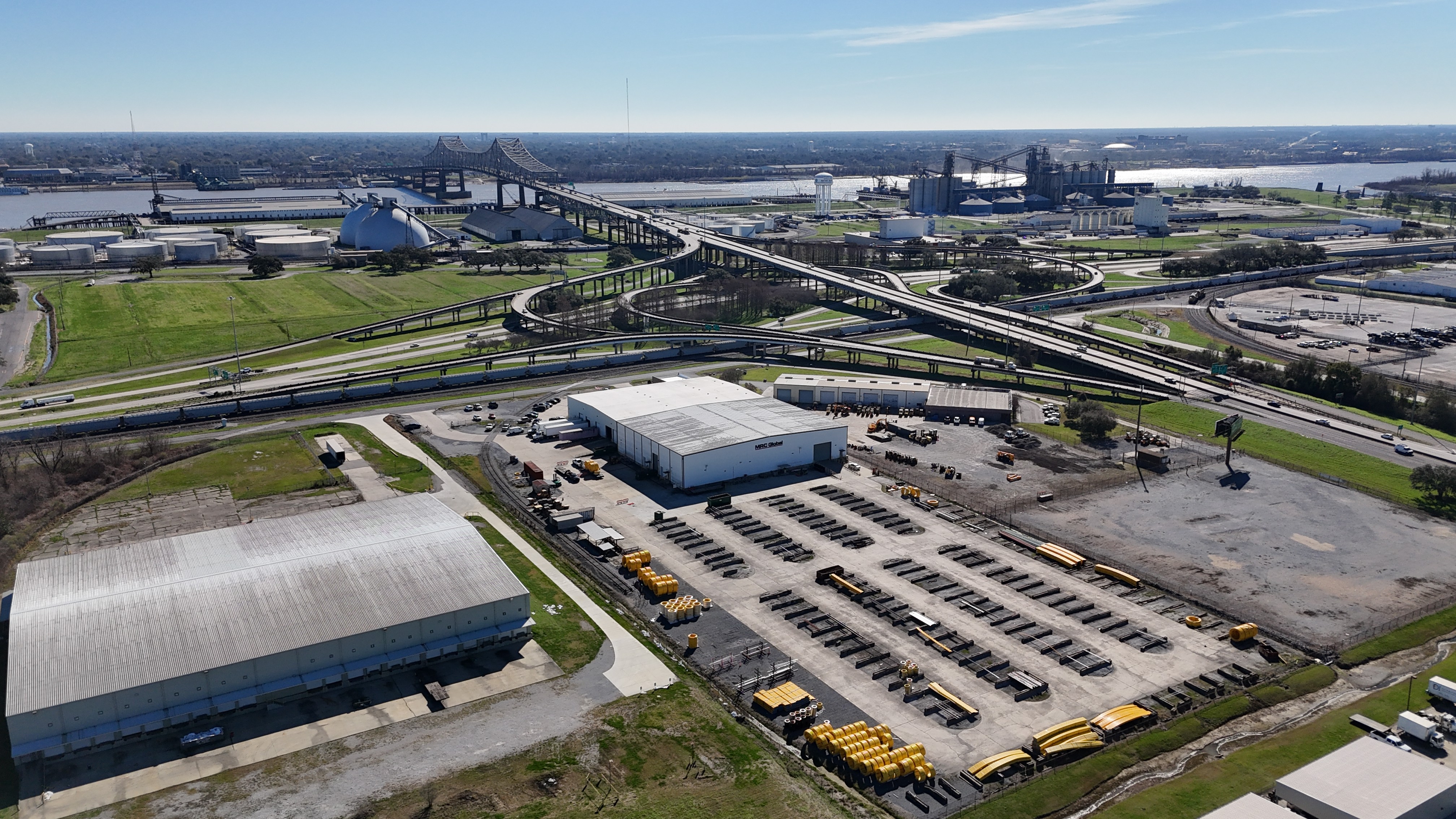 Aerial view of the MRC Global industrial facility and yard in Port Allen, Louisiana.