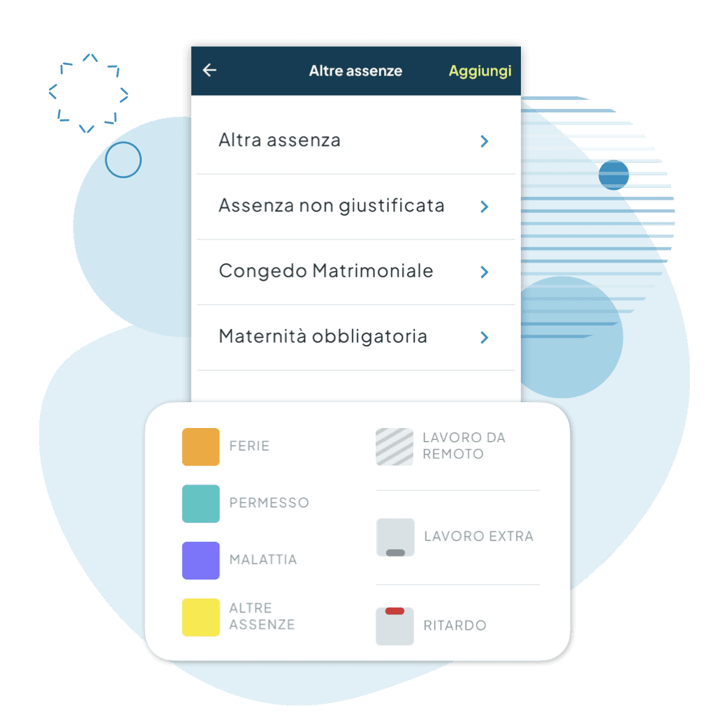 Tipologie di giustificativi colorate per identificare rapidamente assenze e permessi con Fluida