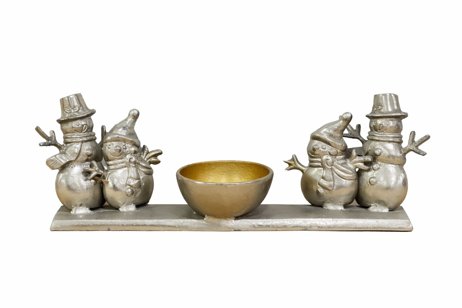 Metal snowman figurines with a central tea light bowl in gold finish