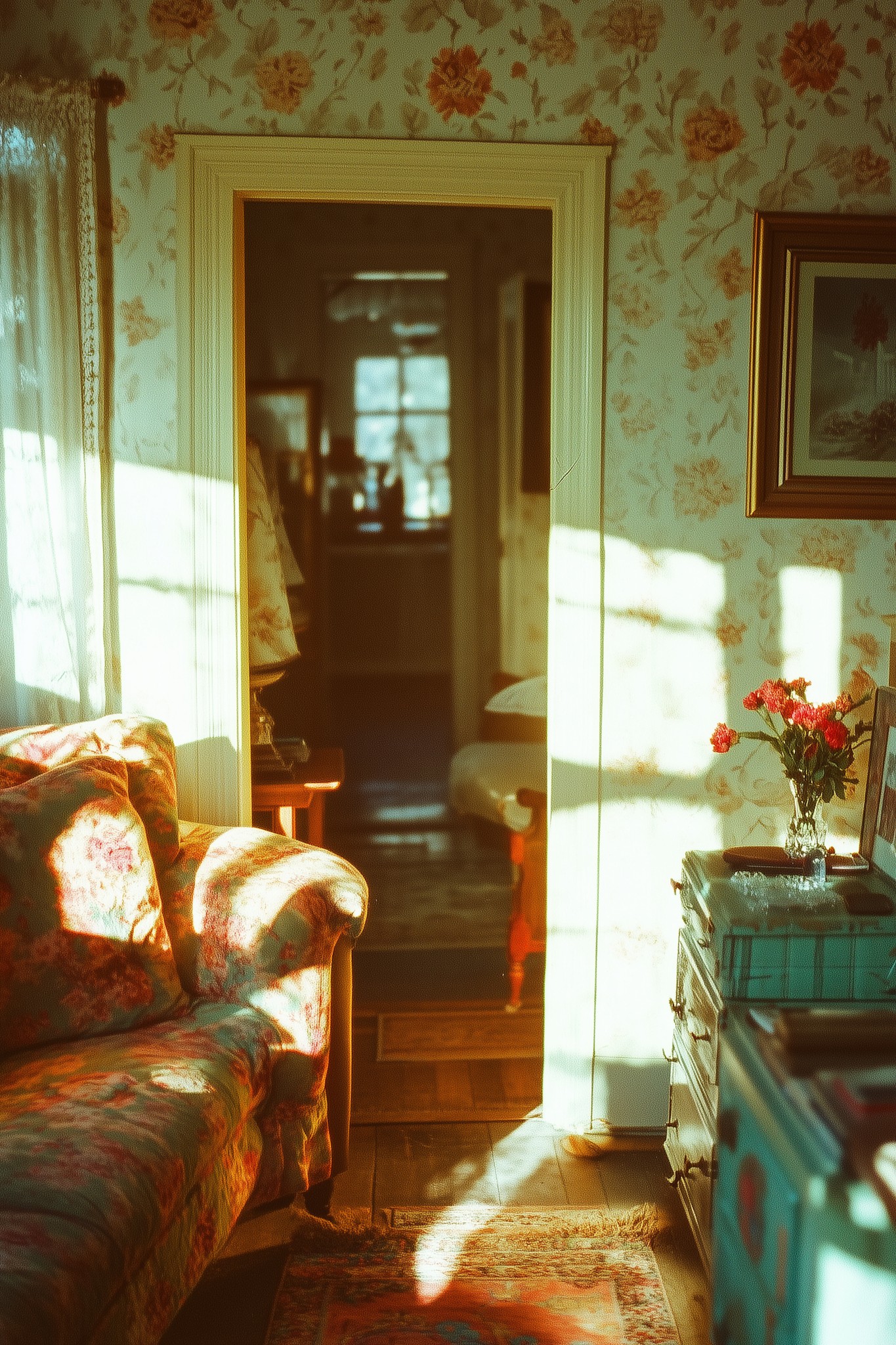 Sunlit vintage living room with floral wallpaper, an upholstered armchair, and a doorway leading into a softly lit interior.