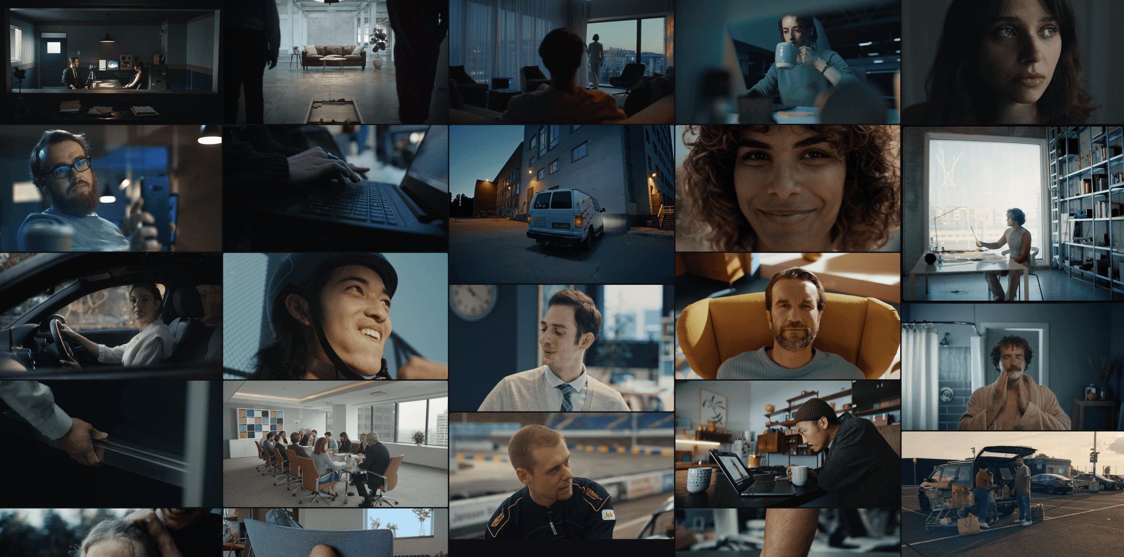 Mosaico de miniaturas com diversas cenas cinematográficas que serviram de referência visual para o filme da Inspira. Inclui retratos, ambientes de escritório e detalhes cotidianos em tons sóbrios.