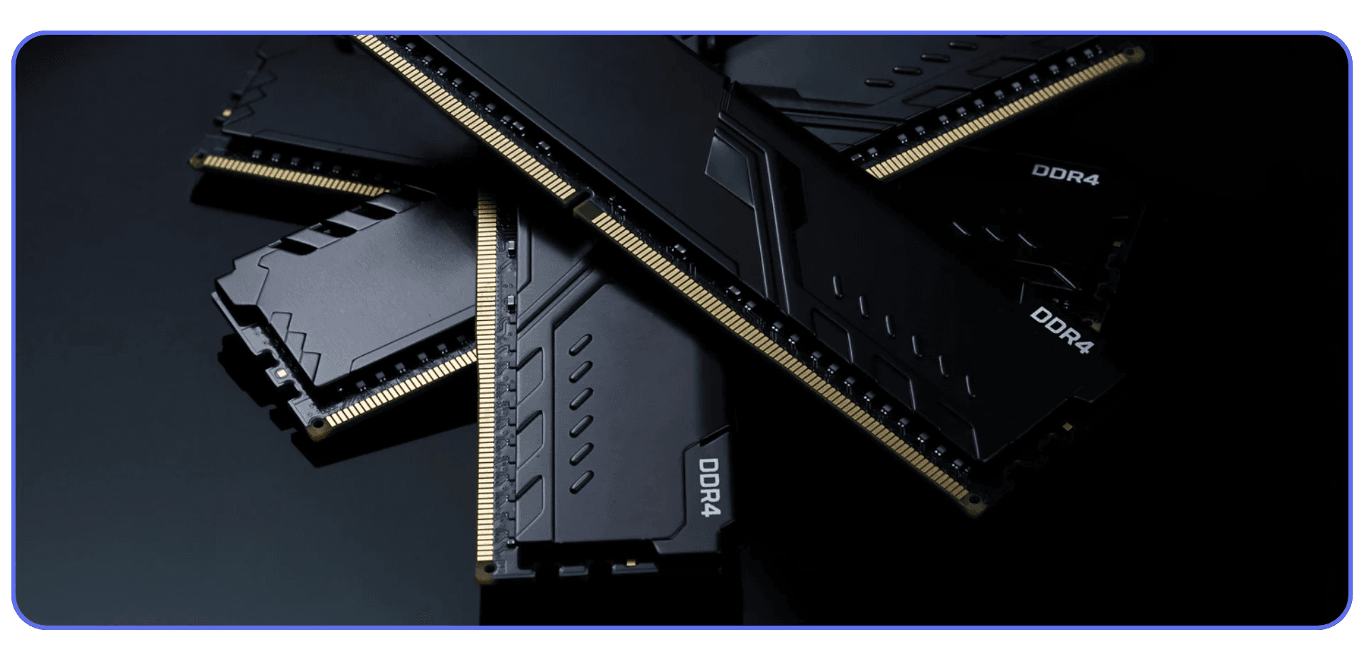 Close-up photo of multiple DDR4 RAM modules stacked on a black background.