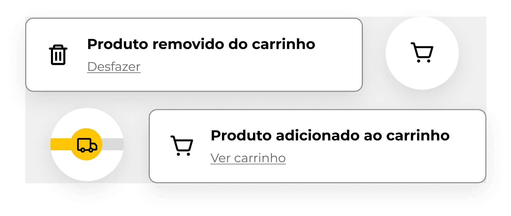 quatro componentes soltos do projeto estão destacados: banner notifiction de quando um produto é adicionado ou removido do carrinho, botão do carrinho no header e ícone de frete.