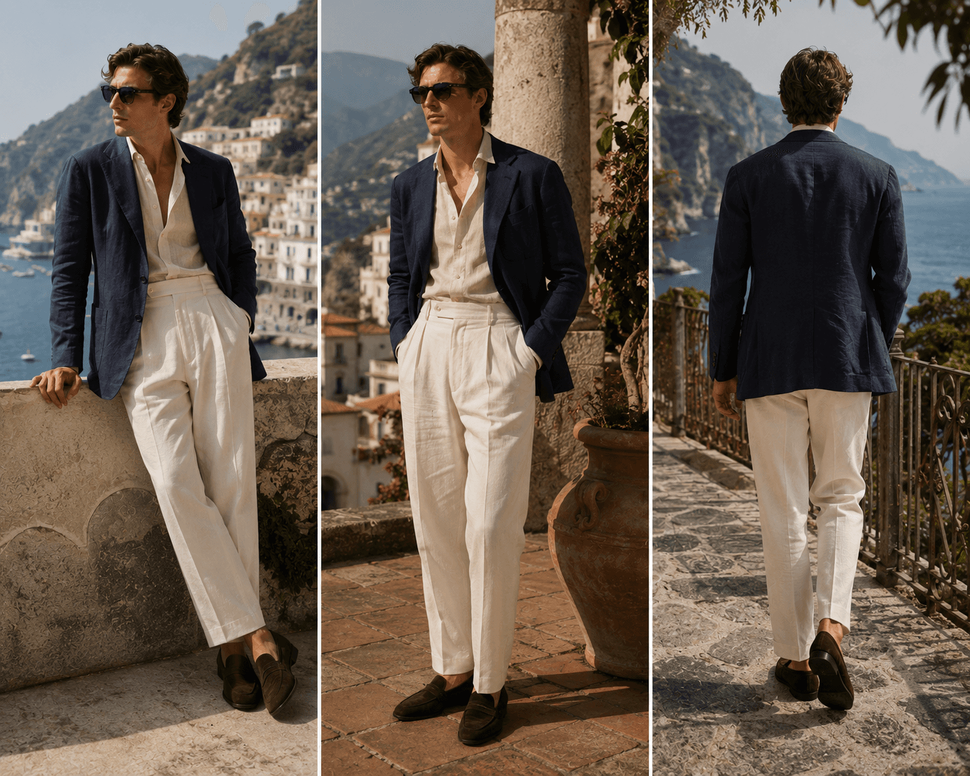 A three-panel full-body fashion lookbook featuring a stylish man modeled along the Amalfi Coast. He wears a dark navy blue linen blazer over an unbuttoned cream linen shirt, high-waisted pleated cream trousers, brown suede loafers, and dark sunglasses. The left panel shows him leaning against a stone wall overlooking a hillside coastal village. The middle panel shows a front view next to a stone pillar and terracotta planter. The right panel shows a rear view as he walks along a stone walkway overlooking the sea.