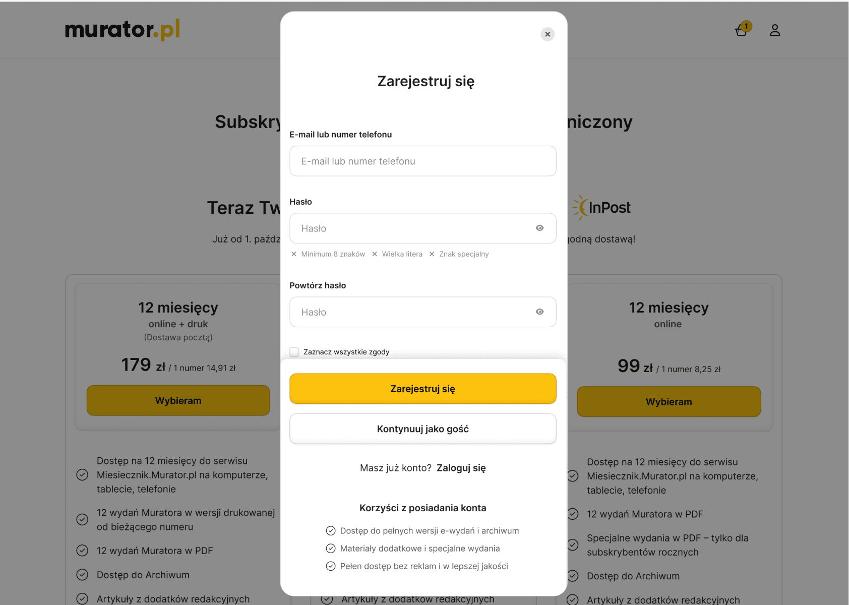 Desktop Sign up modal for Murator featuring real-time password validation, visibility toggle, and a clear list of account benefits.