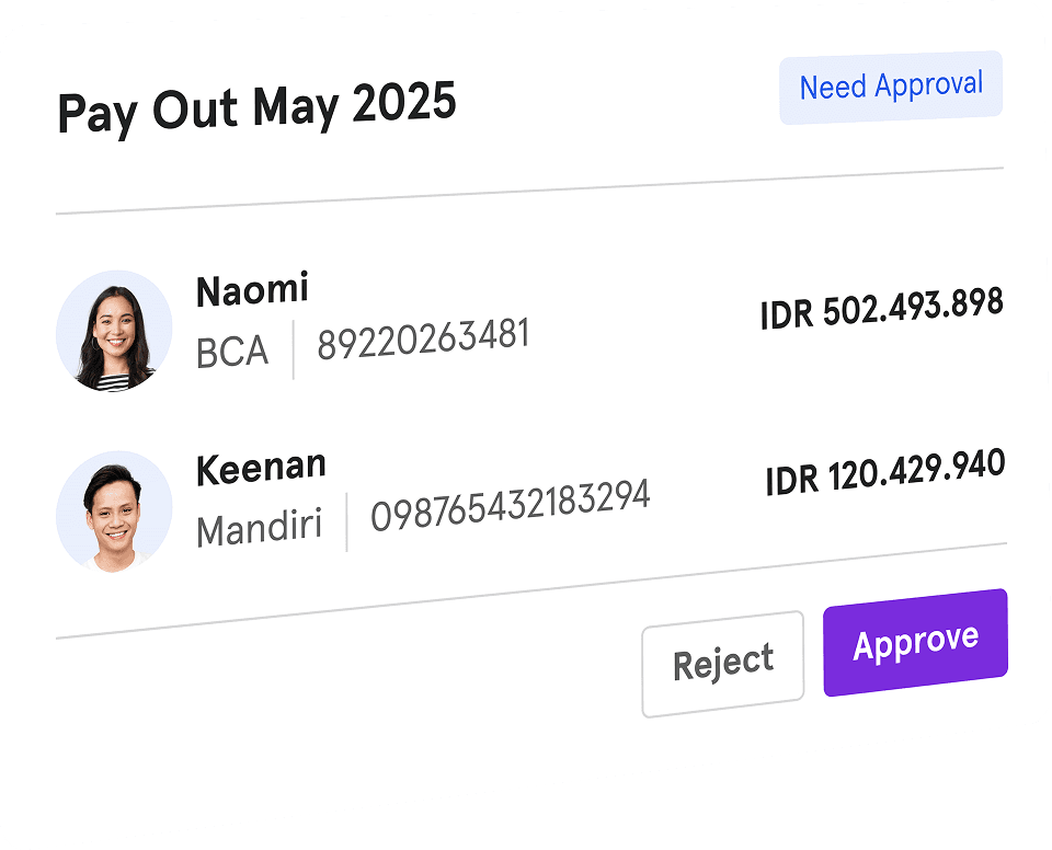 Durianpay Pay Out interface showing high-value transaction pending approval with maker-approver role flow