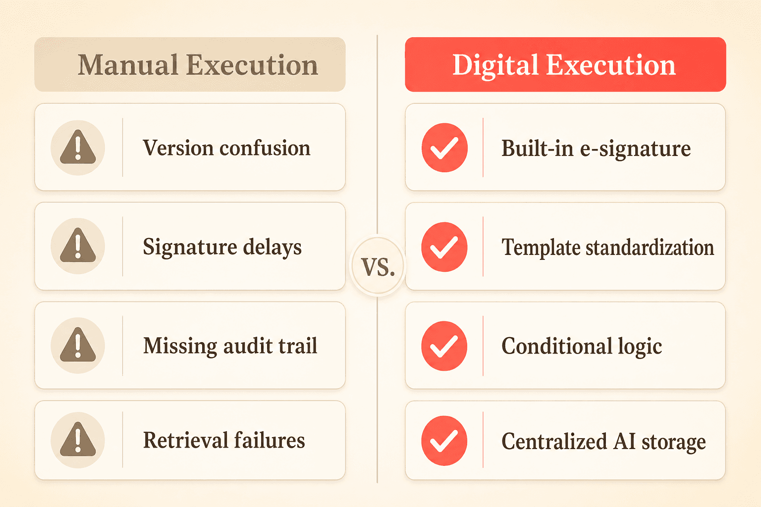 Comparison of manual contract execution problems versus digital execution: e-signature, template standardization, conditional logic, and centralized AI storage