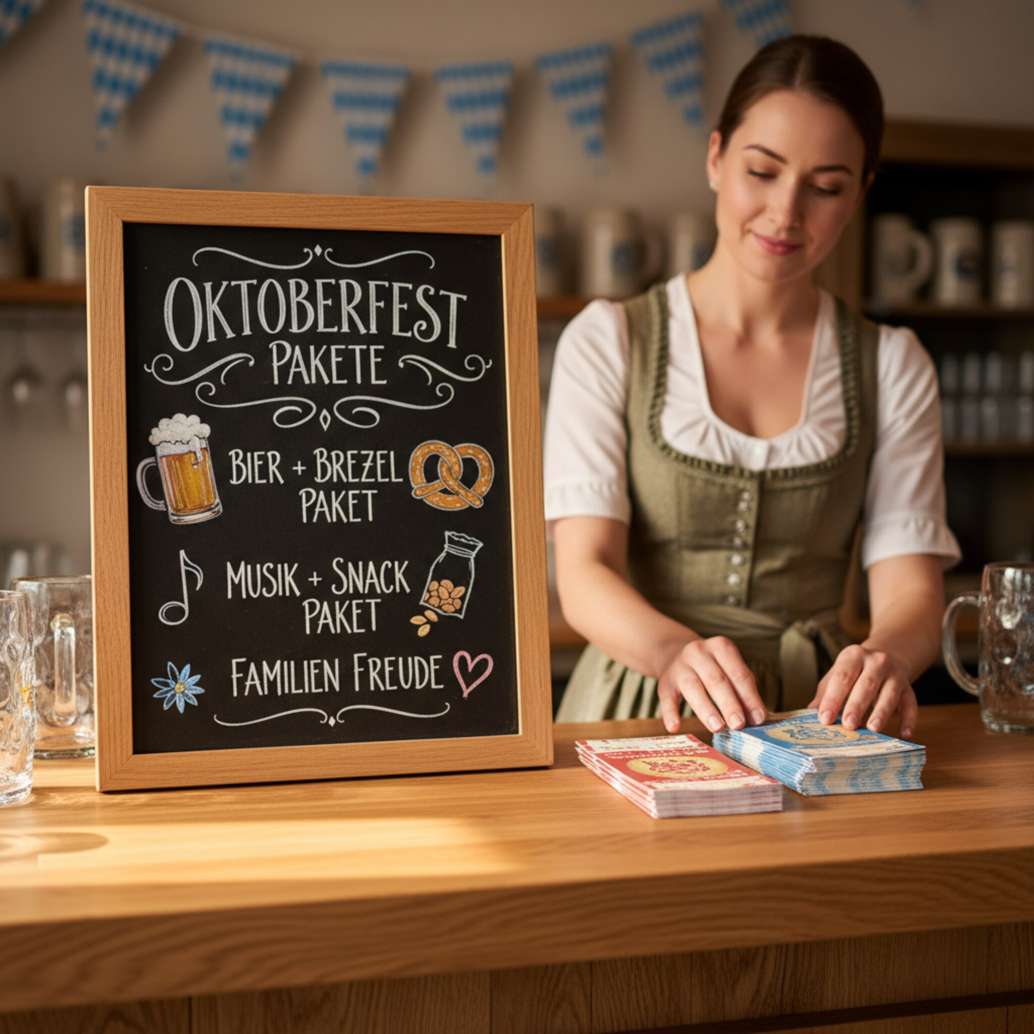 Eine Kreidetafel mit liebevoll gestalteten Paketangeboten hängt über einer Theke. Daneben stapeln sich Wertbons und fein gefaltete Servietten, eine Bedienung ordnet sie sorgfältig. Warmes Licht betont die wertige, festliche Atmosphäre und signalisiert klare, transparente Angebote.