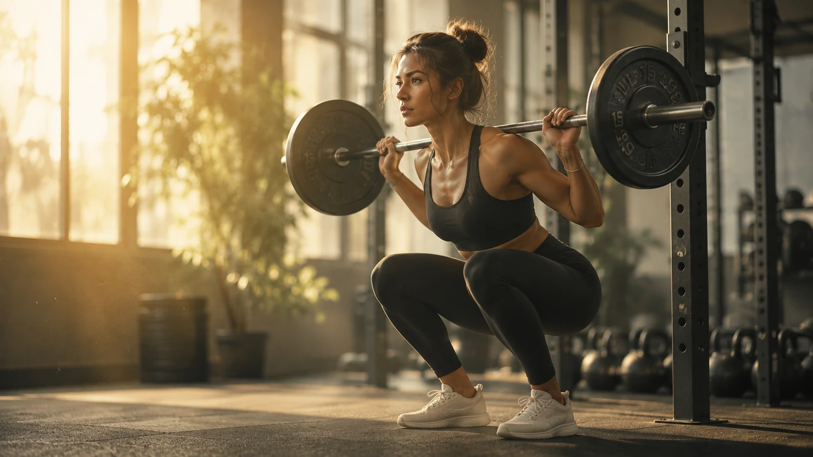 A woman performing a barbell squat in a gym.