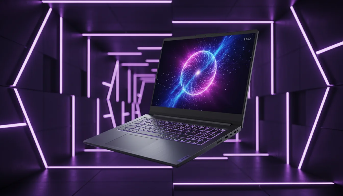 DSLR product photography of a dark gray Lenovo LOQ gaming laptop, angled and floating. The laptop is open, its screen displaying a futuristic abstract wallpaper of a swirling purple and blue energy orb. The scene is illuminated by soft studio lighting, highlighting the laptop's matte texture. The background is a dark, abstract geometric tunnel composed of glowing purple neon lines, with a shallow depth of field creating a high-tech aesthetic.