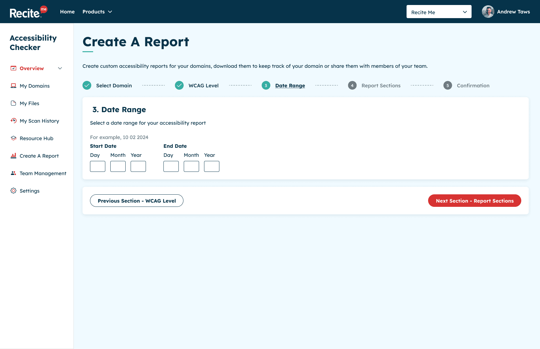 Create a report screen add date range