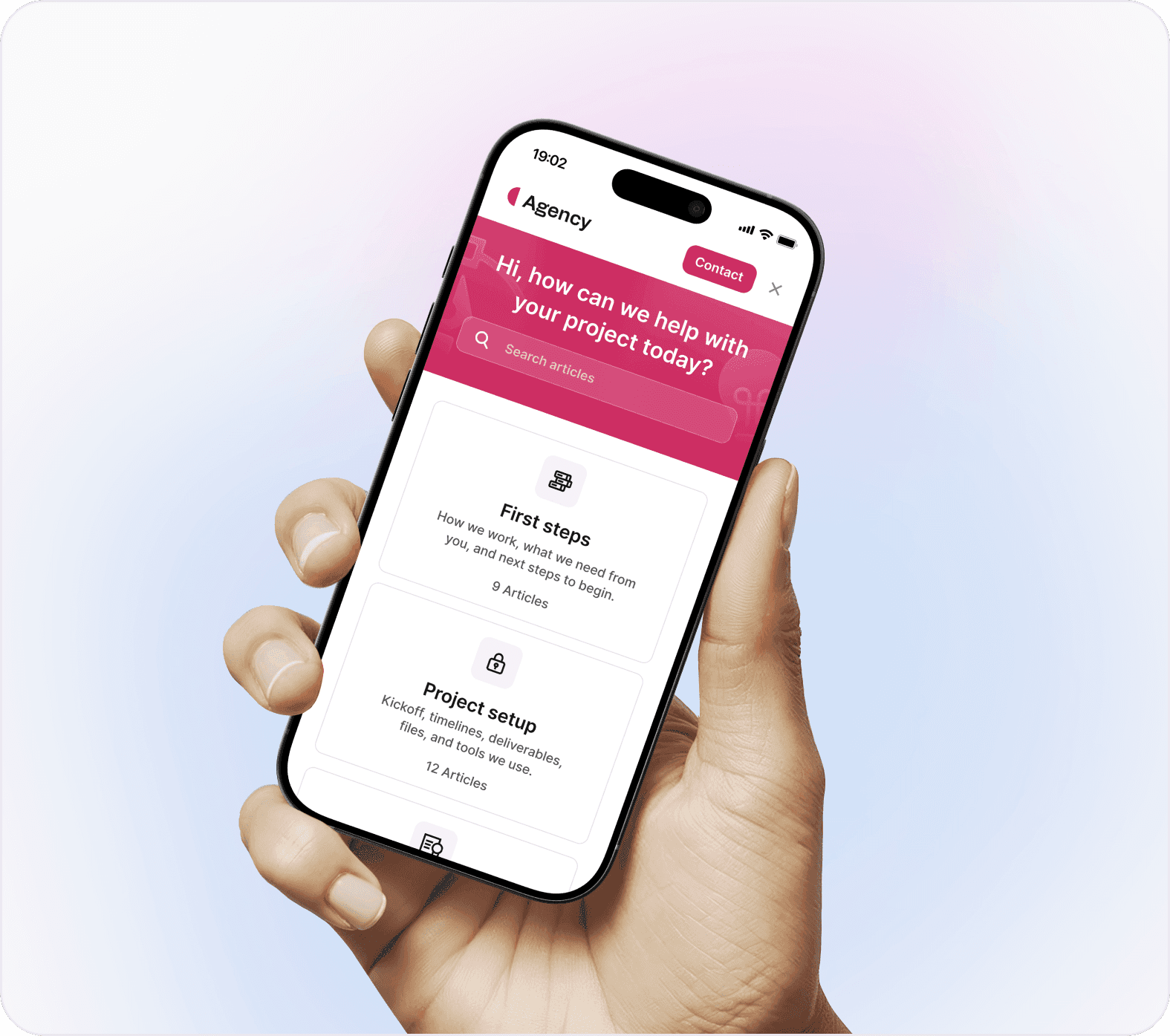 Mobile agency help center interface with project onboarding and client support documentation.