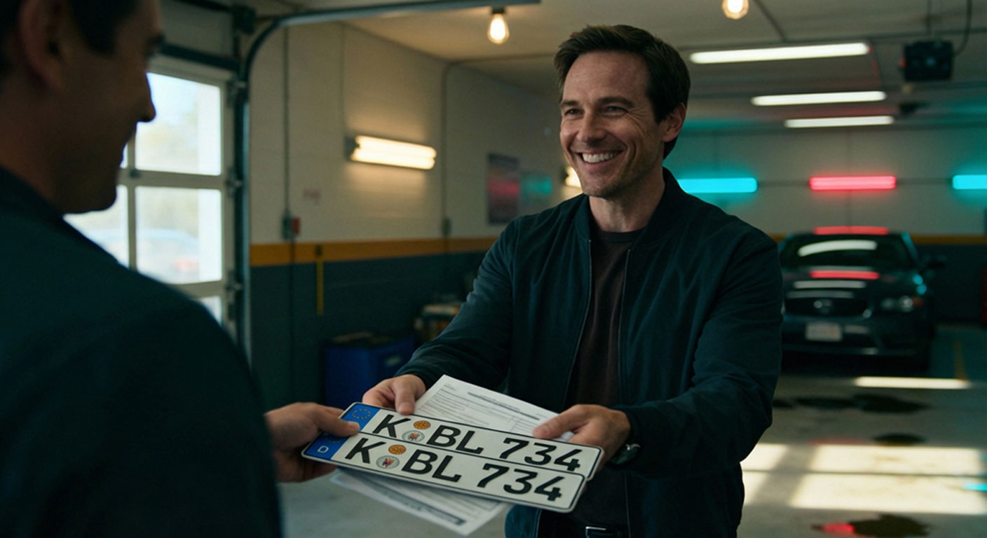 Übergabe von Kennzeichen und Unterlagen im Autohaus