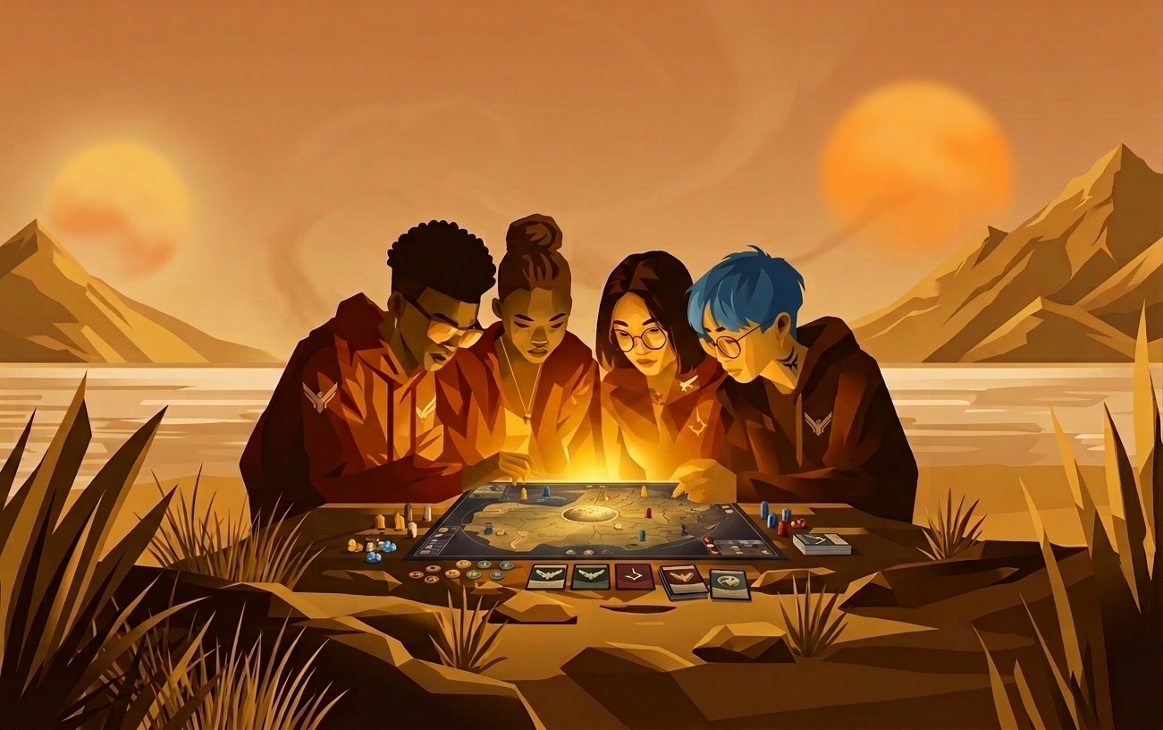 4 students looking at a glowing tablet, illustrative