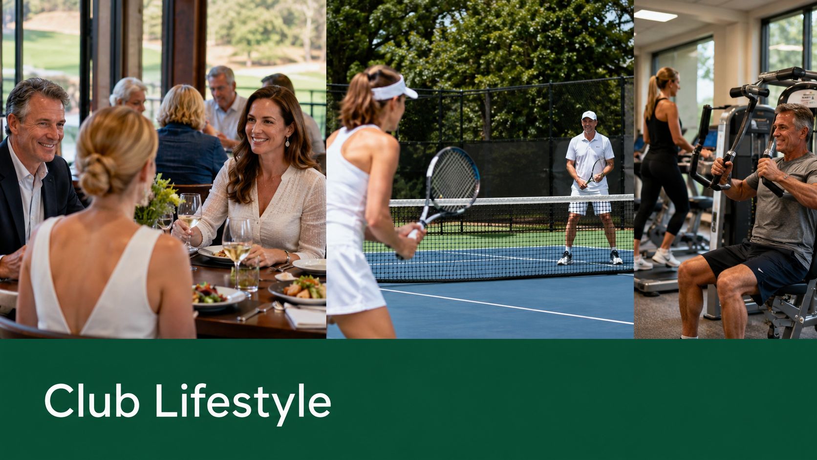 A collage showing social dining, outdoor tennis, and fitness center activities representing an active club lifestyle.