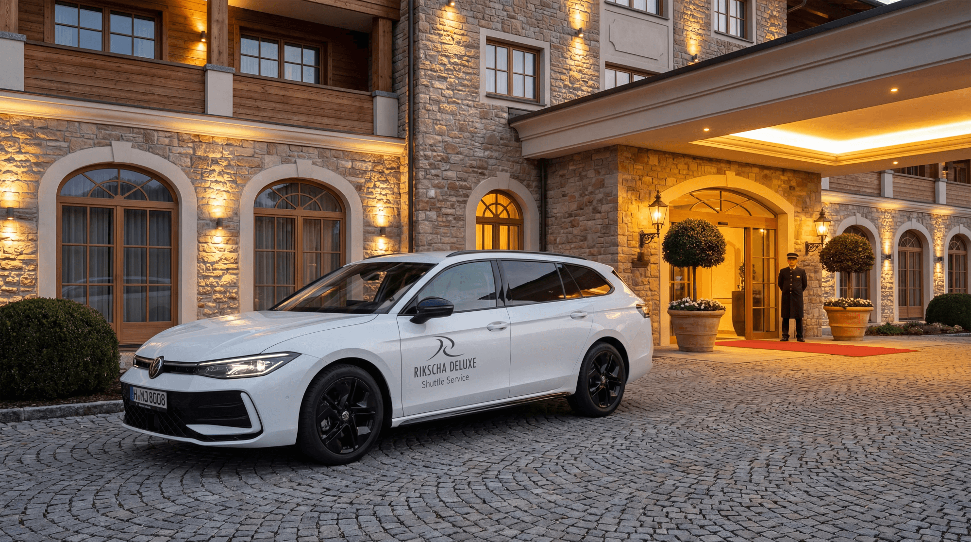 Ein weißer VW Passat Kombi parkt vor dem Hoteleingang, ein Portier steht daneben. Die Hotelfassade ist aus Stein und warm beleuchtet.