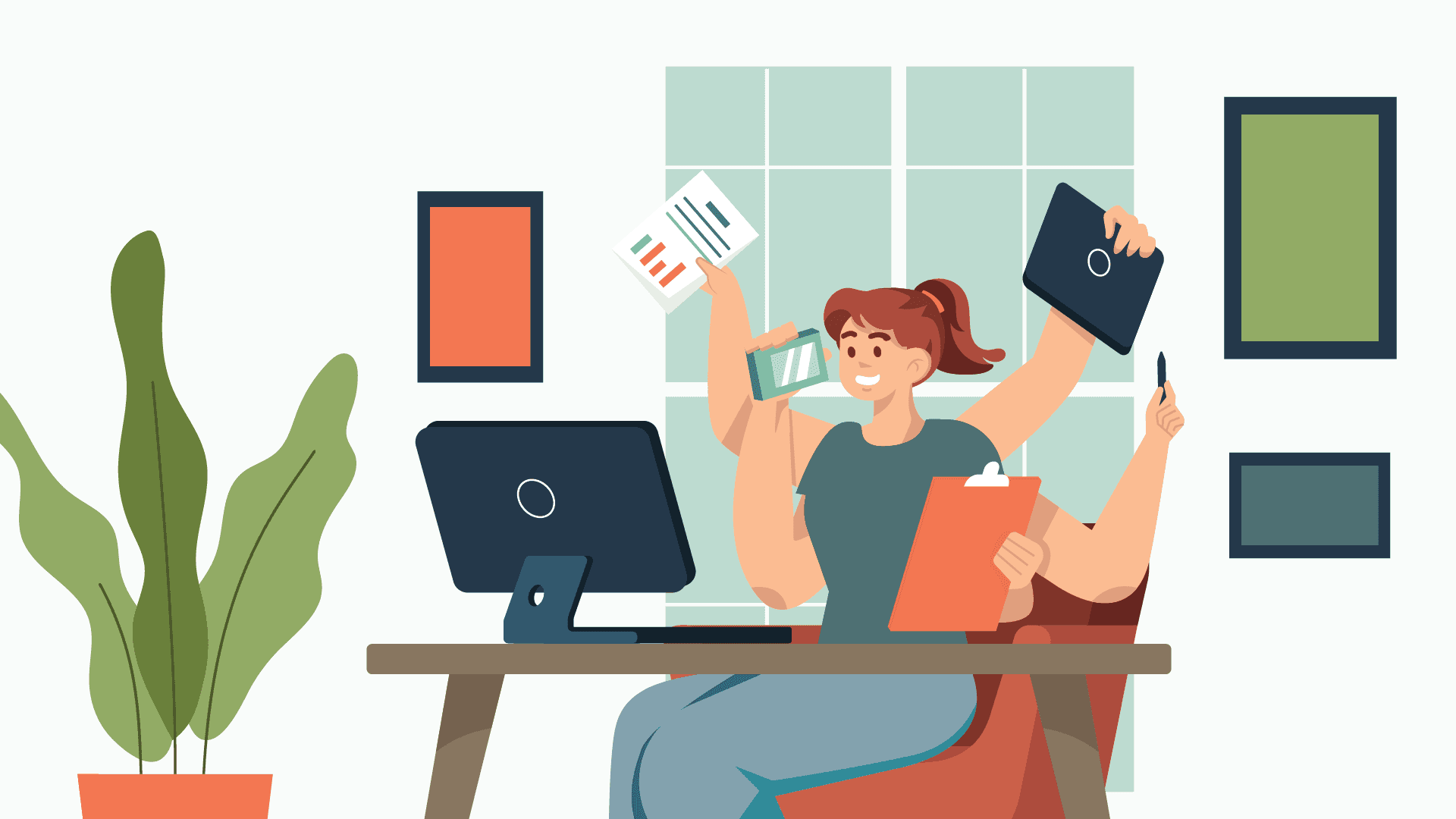 Woman with four arms holding up several items working at a computer