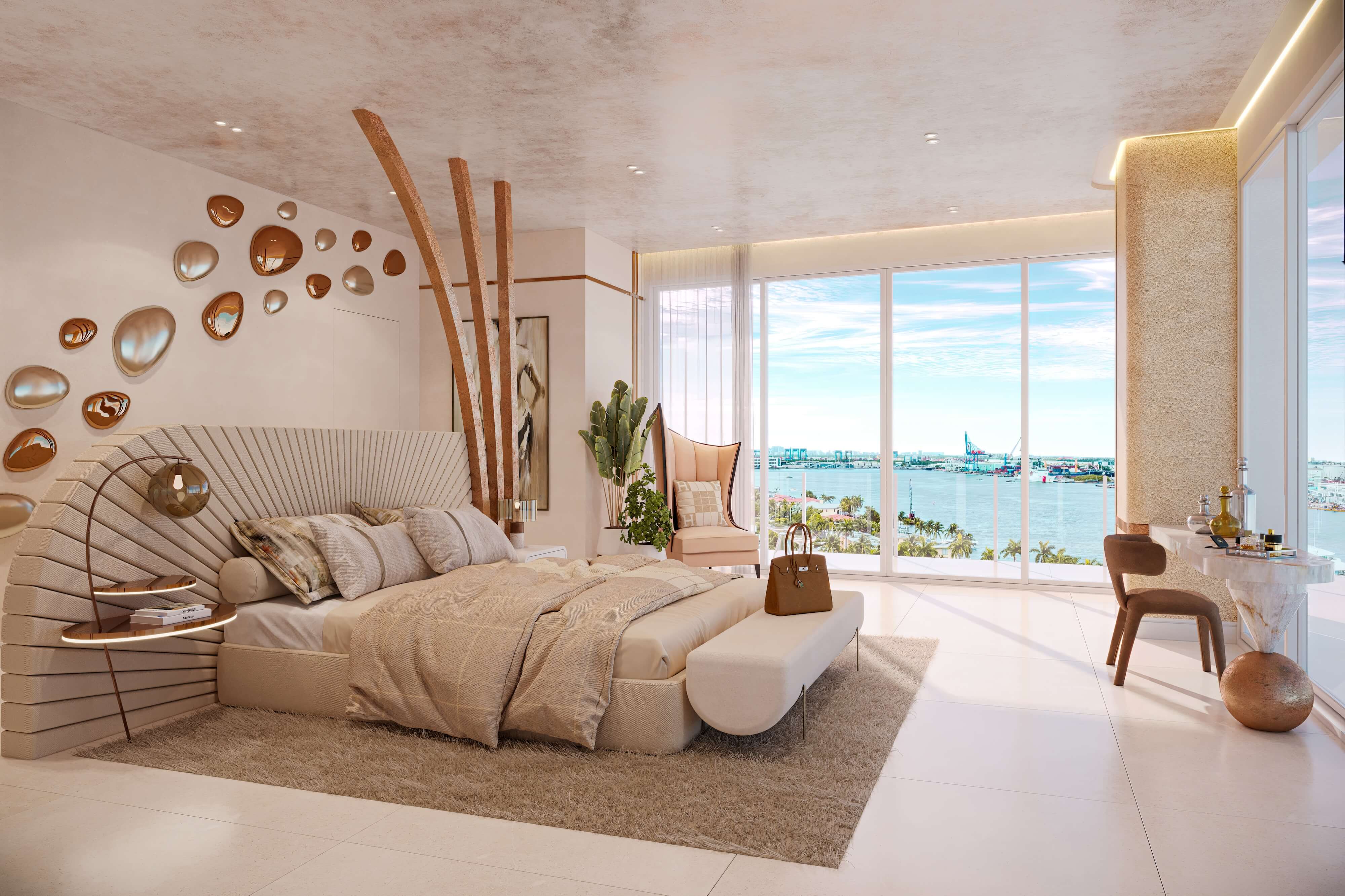 Elegant primary bedroom with custom upholstered bed, soft neutral finishes, and expansive waterfront views.