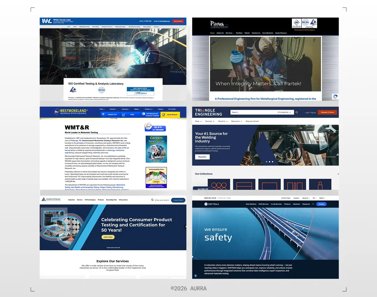 Competitor homepage grid from a brand color audit of six industrial testing and certification firms, every one using navy blue as its dominant color