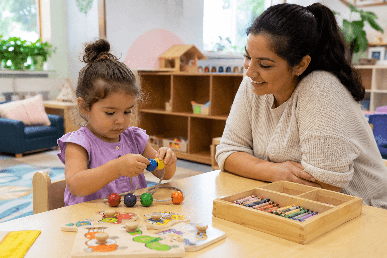 Young children in a daycare classroom moving through a calm transition routine with teacher guidance.