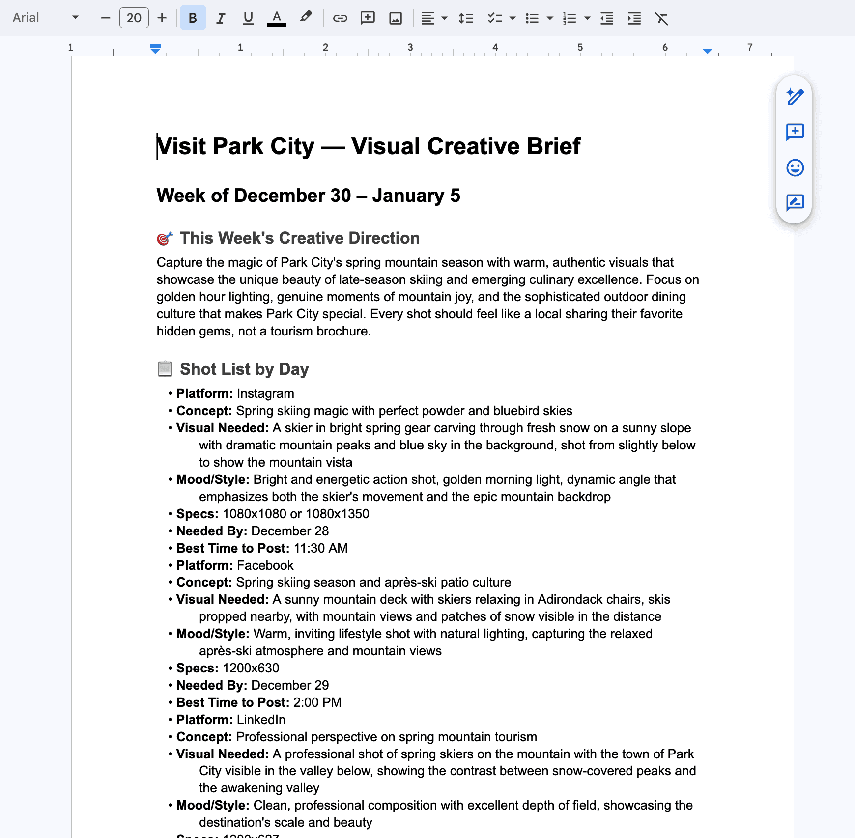 Creative brief automatically created in Google Docs. Note: sample destination and data used