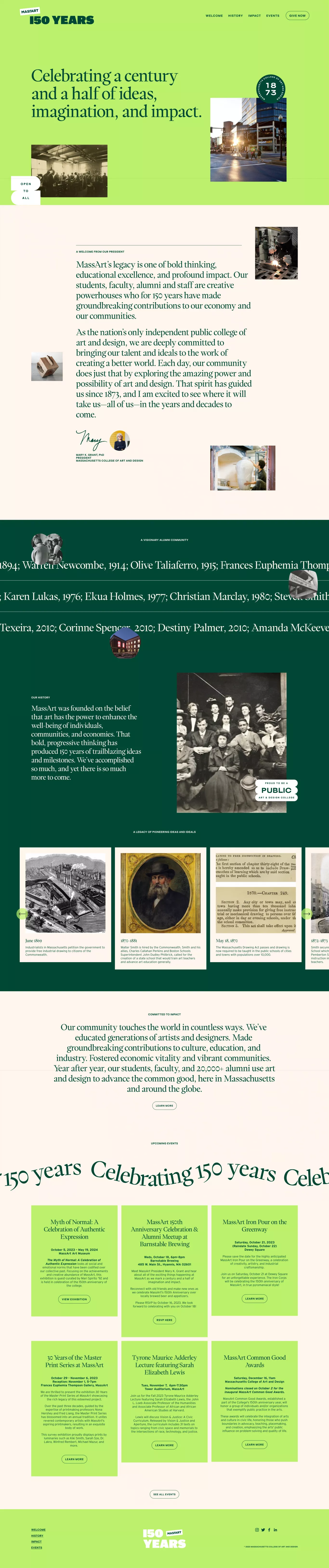 MassArt 150 Years other page screenshot showcasing Art and Education design