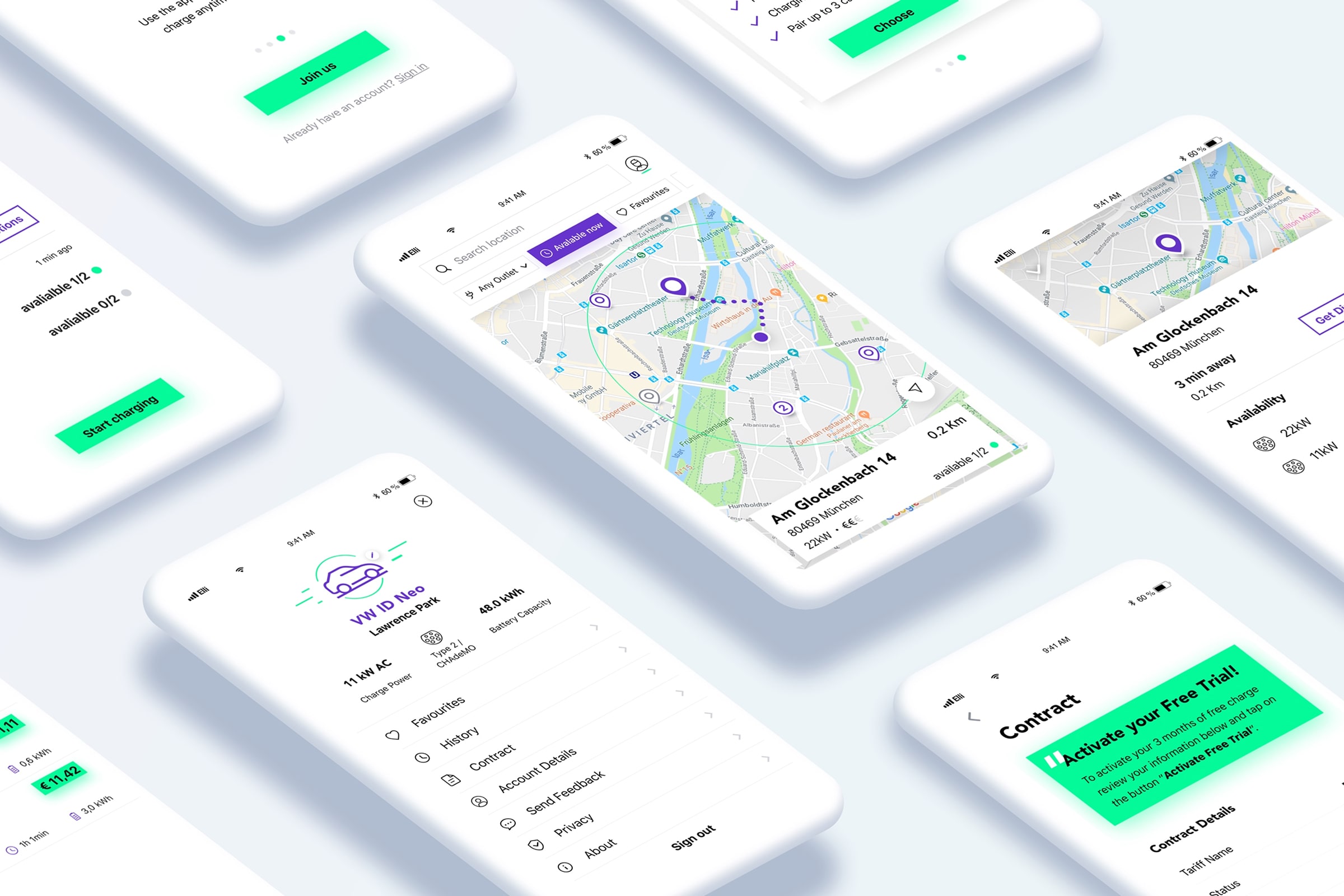 Elli mobile app mockup showing different screens from mapping interface to charging information