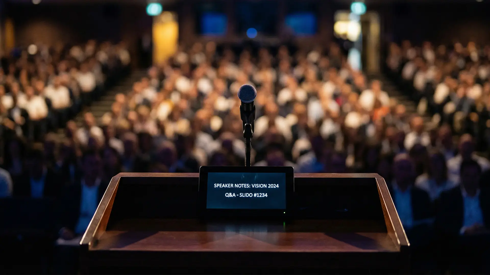 Microphone on a lectern overlooking a large company town hall, with speaker notes visible and the audience softly blurred to emphasise scale and intimacy.