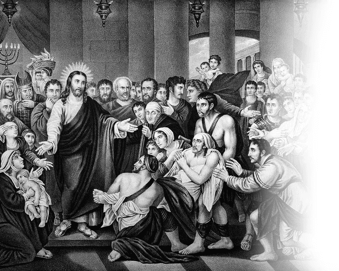 Crowds gather as Christ heals sick people. Lithograph after Benjamin West. Wellcome Collection. Source: Wellcome Collection.