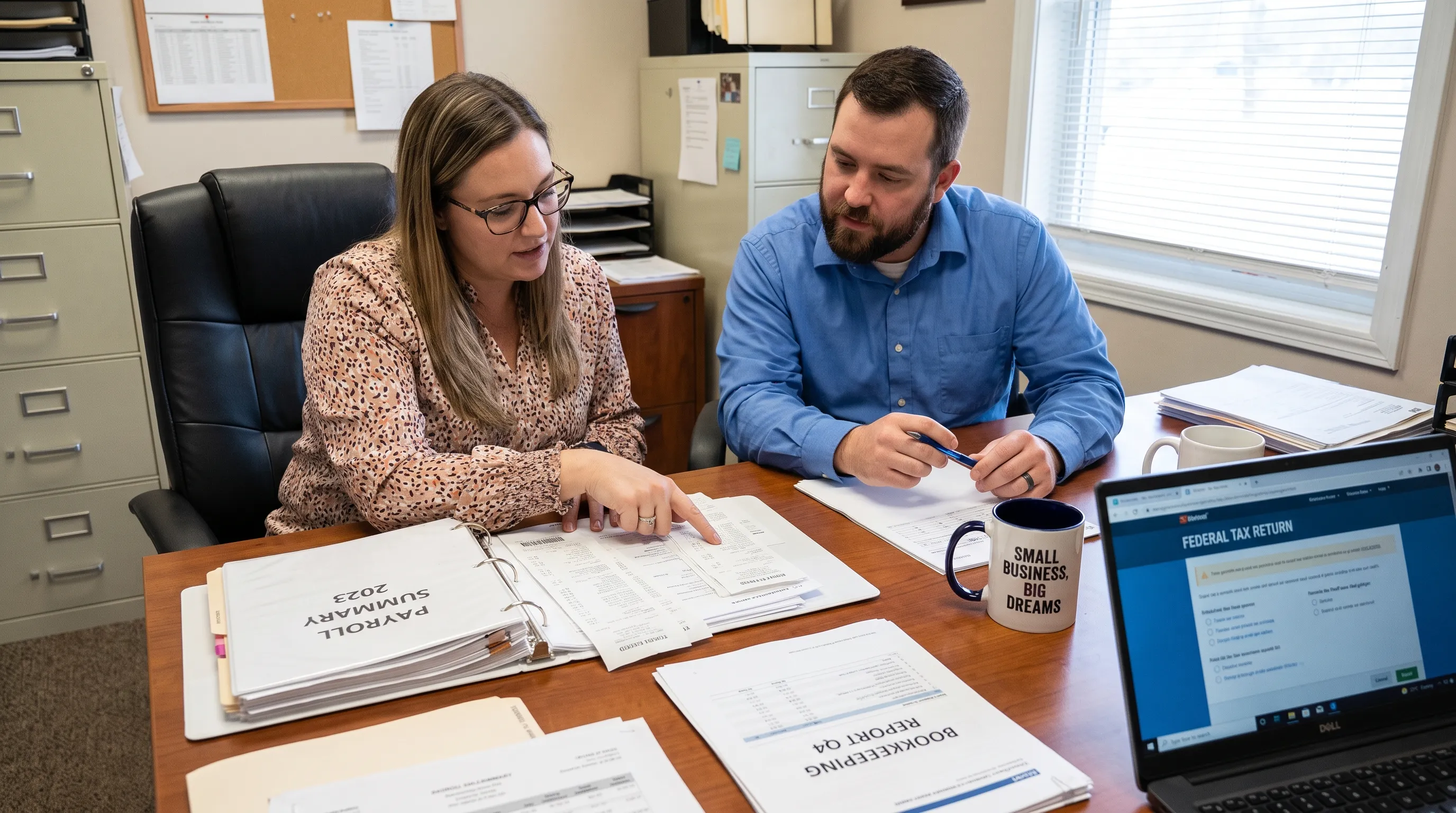 A small business owner and tax preparer review receipts, payroll summaries, and bookkeeping reports on a desk before filing.