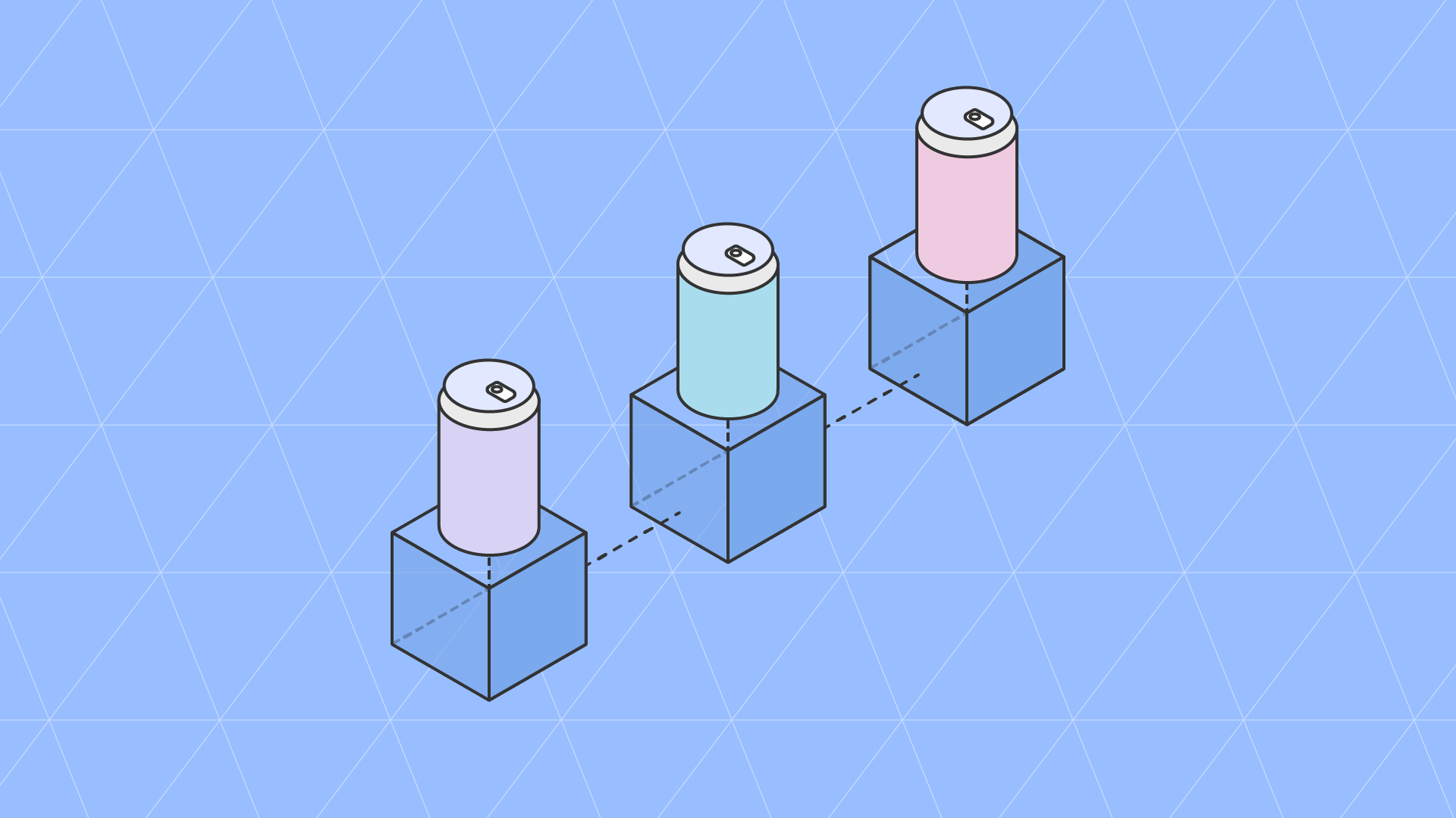 Three beverage cans in pastel colors positioned on connected blockchain blocks, illustrating supply chain traceability and transparency in CPG distribution.