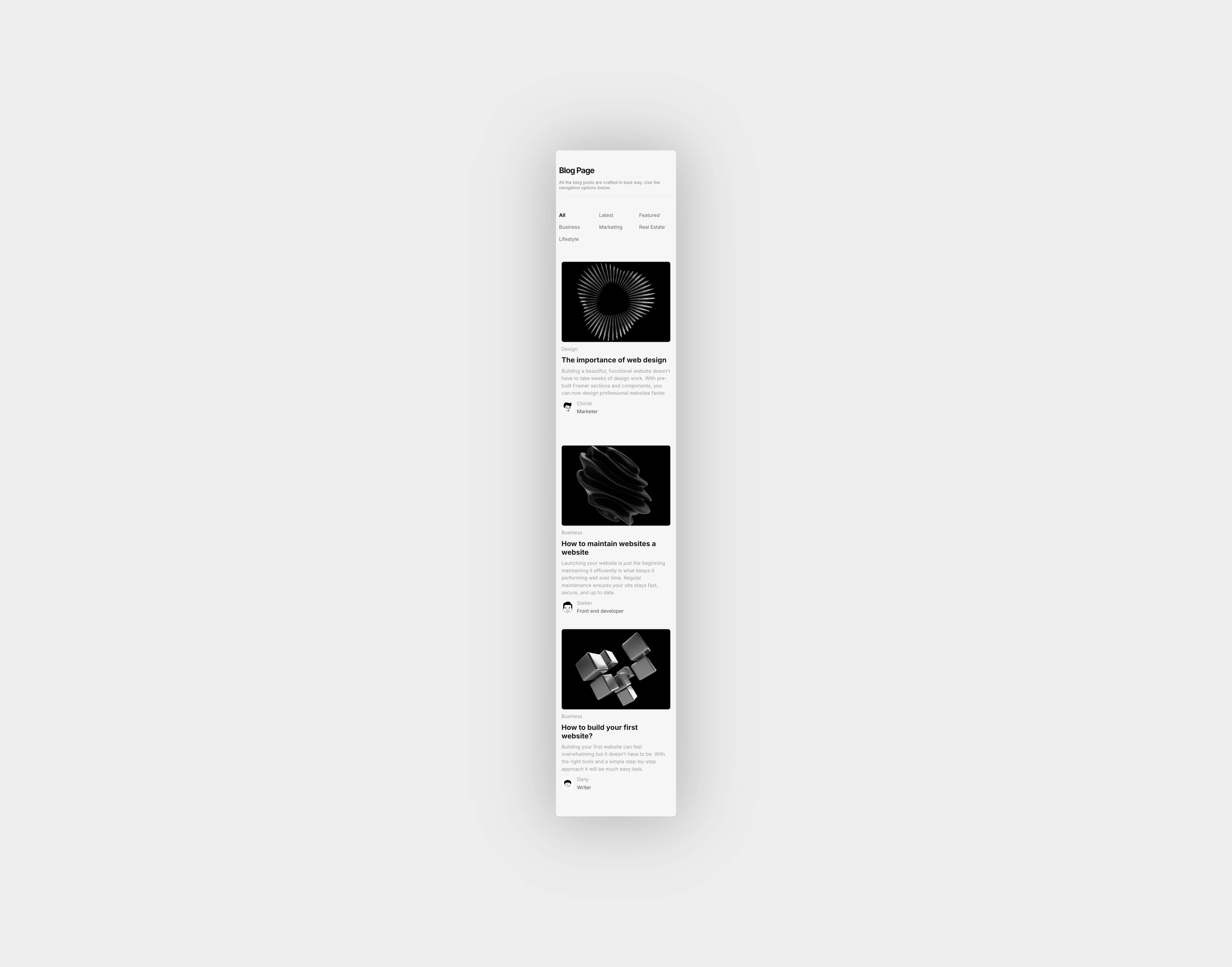 A light themed cms blog collection page ui in grid format, optimized for mobile devices