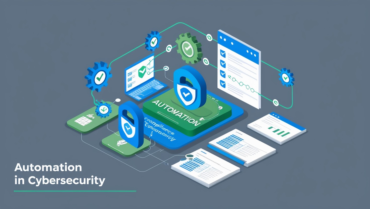 Illustration of automation in cybersecurity showing interconnected gears, checkmarks, and data flows integrating with secure networks and compliance documents.