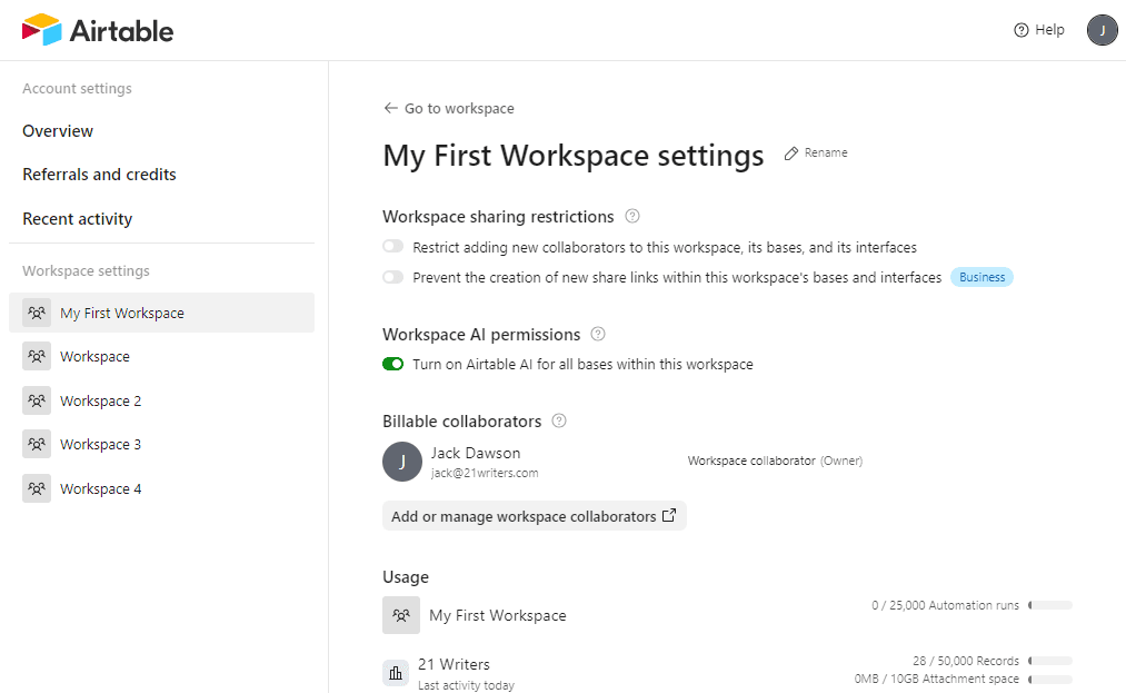 Airtable admin panel gives you multiple options to restrict how collaborators interact with your workspace.