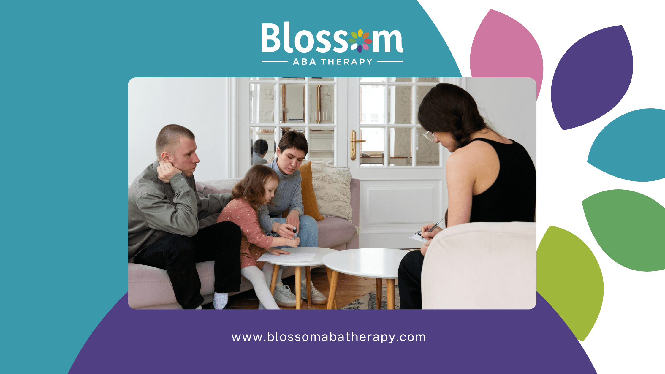 A therapist is talking to the parents of an autistic child before ABA therapy