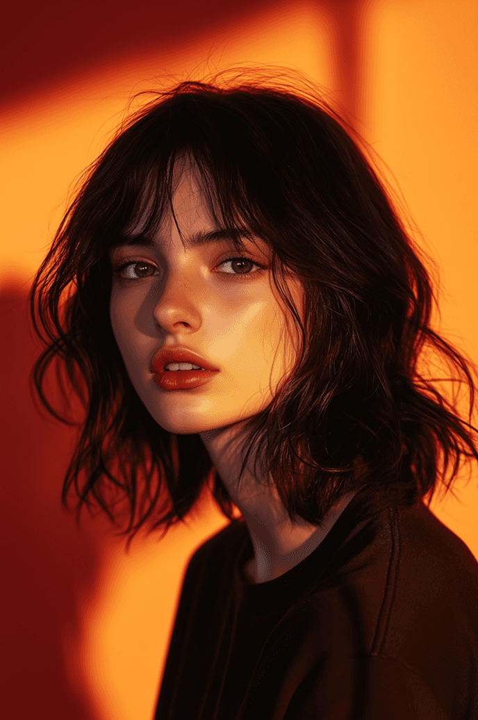 A woman with dark hair stands against a vibrant red background, creating a striking visual contrast.