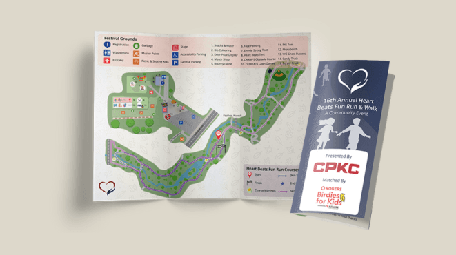 Heart Beats Fun Run & Walk event brochure mockup showing the open course map design alongside the brochure cover highlighting event branding and presenting sponsor CPKC.