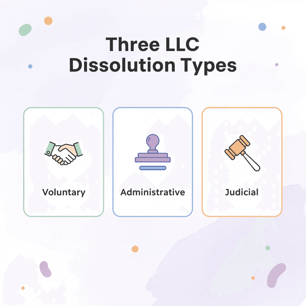 Infographic showing three types of LLC dissolution in Alabama