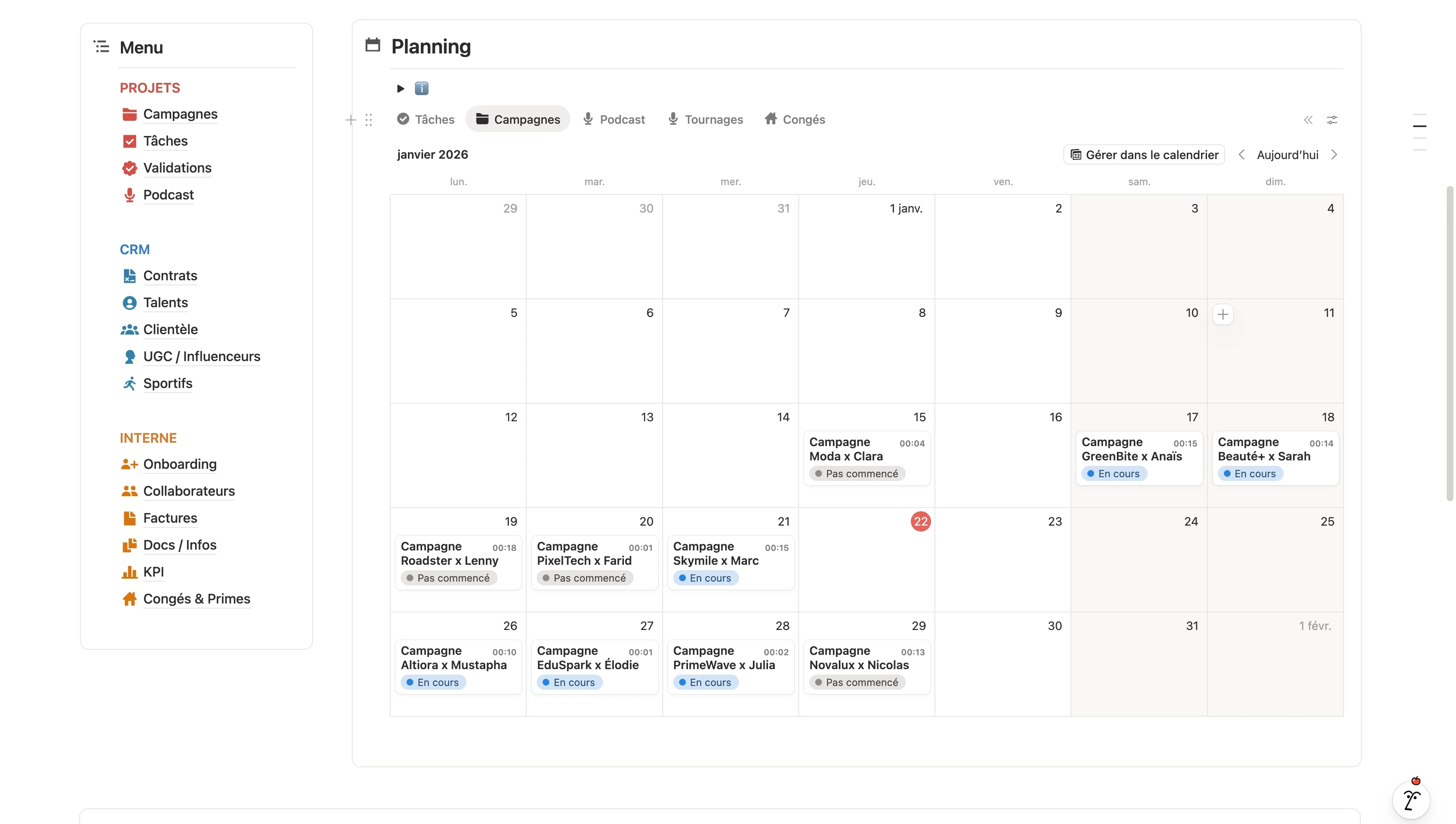 Dashboard Notion agence Ambition