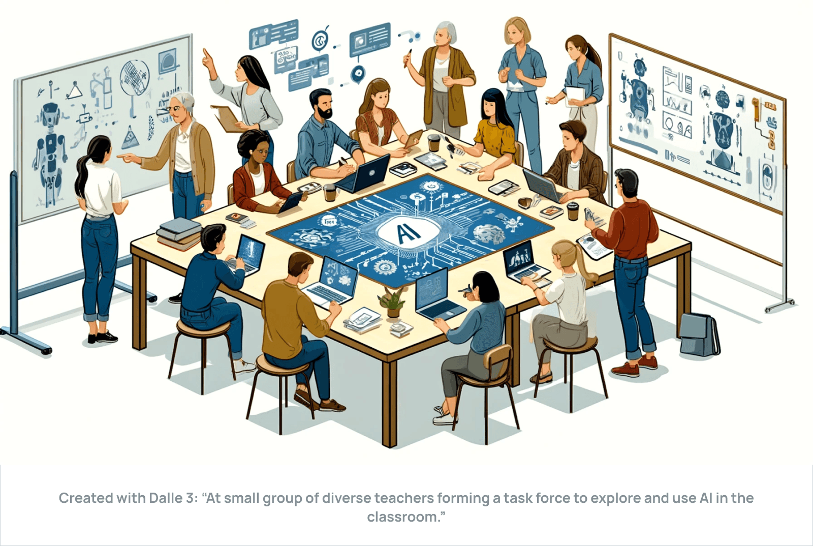 Created with Dalle 3: “At small group of diverse teachers forming a task force to explore and use AI in the classroom.”