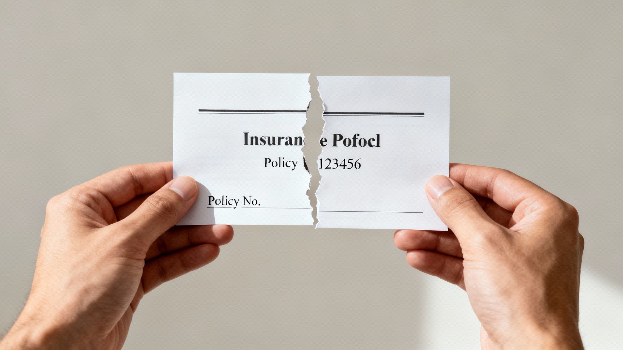 Hands tearing an insurance policy document in half, symbolizing policy cancellation or termination.