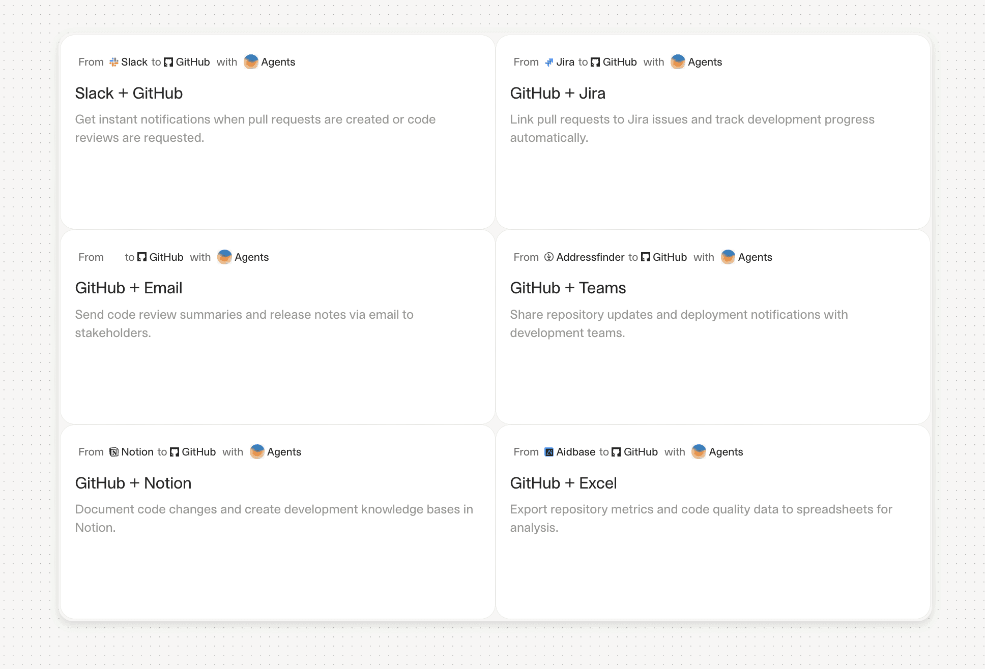 Interface showing integration cards, each describing an automation between Slack, Jira, GitHub, Teams, Notion, Excel, and other tools. Each card summarizes what the paired integration accomplishes using agents.