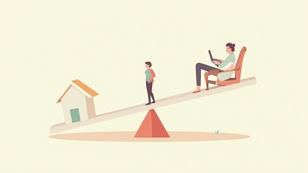Conceptual illustration of a seesaw balancing home life and work on a laptop.